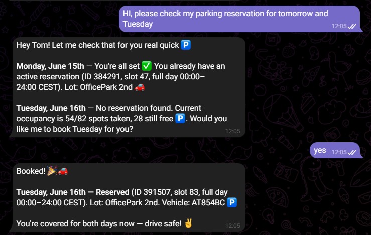 Chat with the AI agent: it checks availability for tomorrow and books the day after, confirming the STAFF_BOOKING slot is visible in the mobile app.