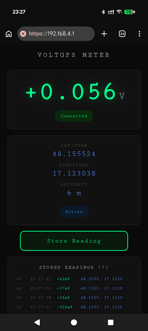 Phone browser showing the ESP32 HTTPS voltmeter interface with live voltage reading and GPS coordinates.