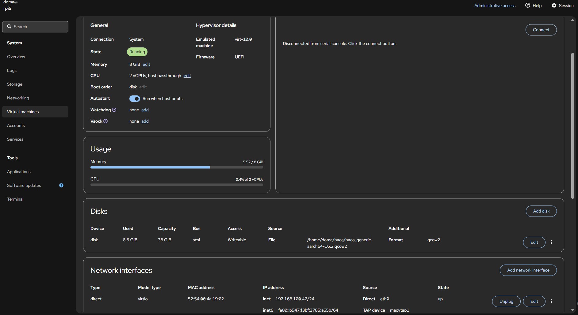 Cockpit showing VM management on Raspberry Pi 5.