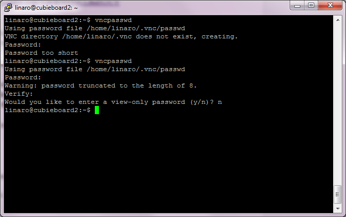 VNC password setup prompt.